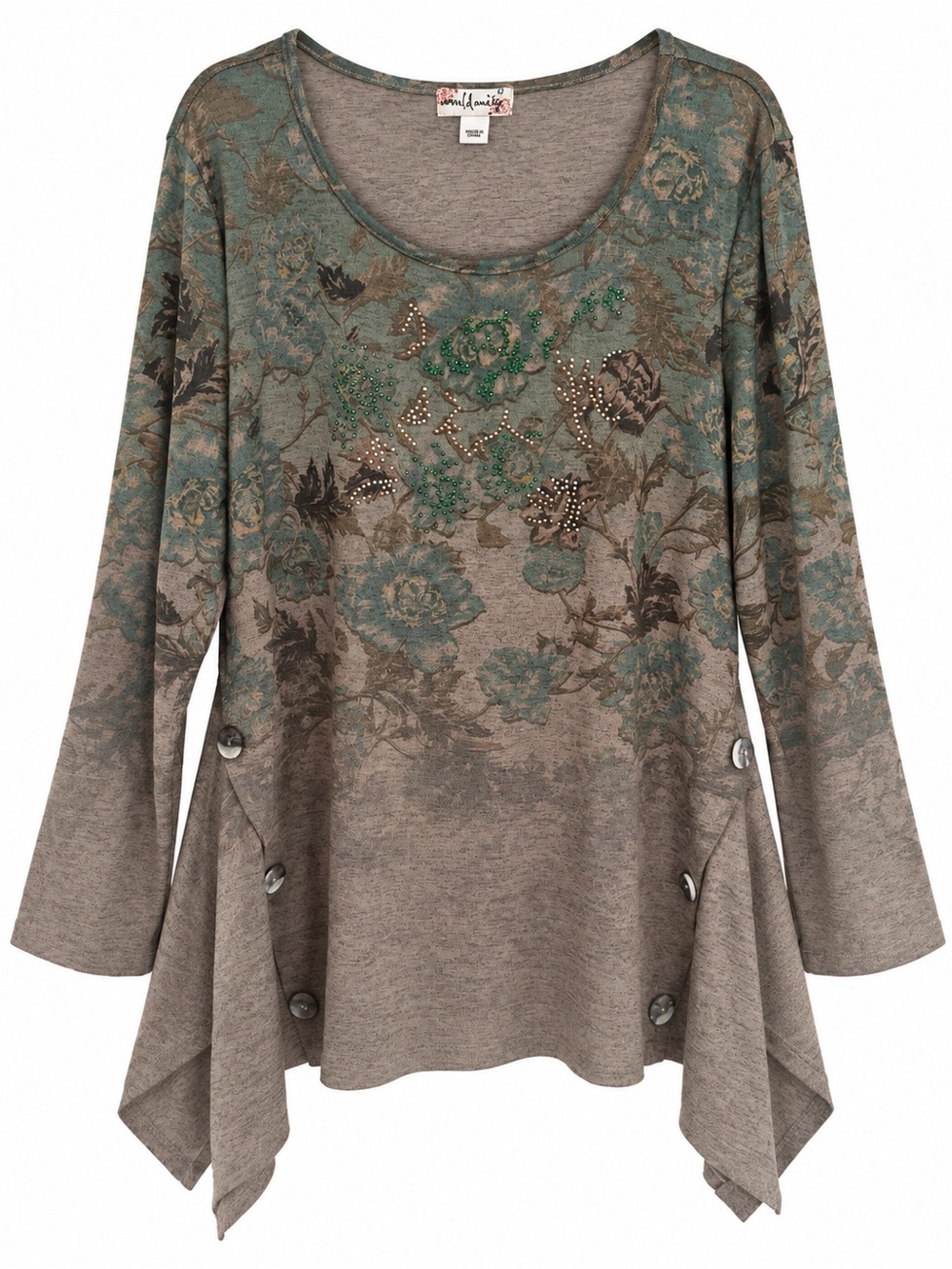 World Unity XL Jeweled Beaded Handkerchief Hem,Boho Tunic Top
